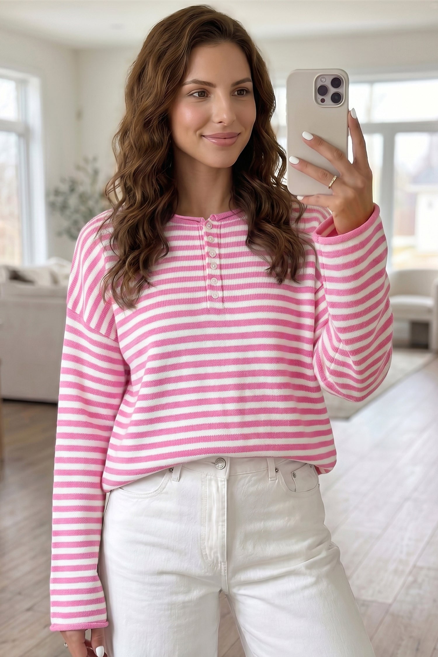 Striped Button Placket Drop Shoulder Long Sleeve Sweater – Pink Stripe