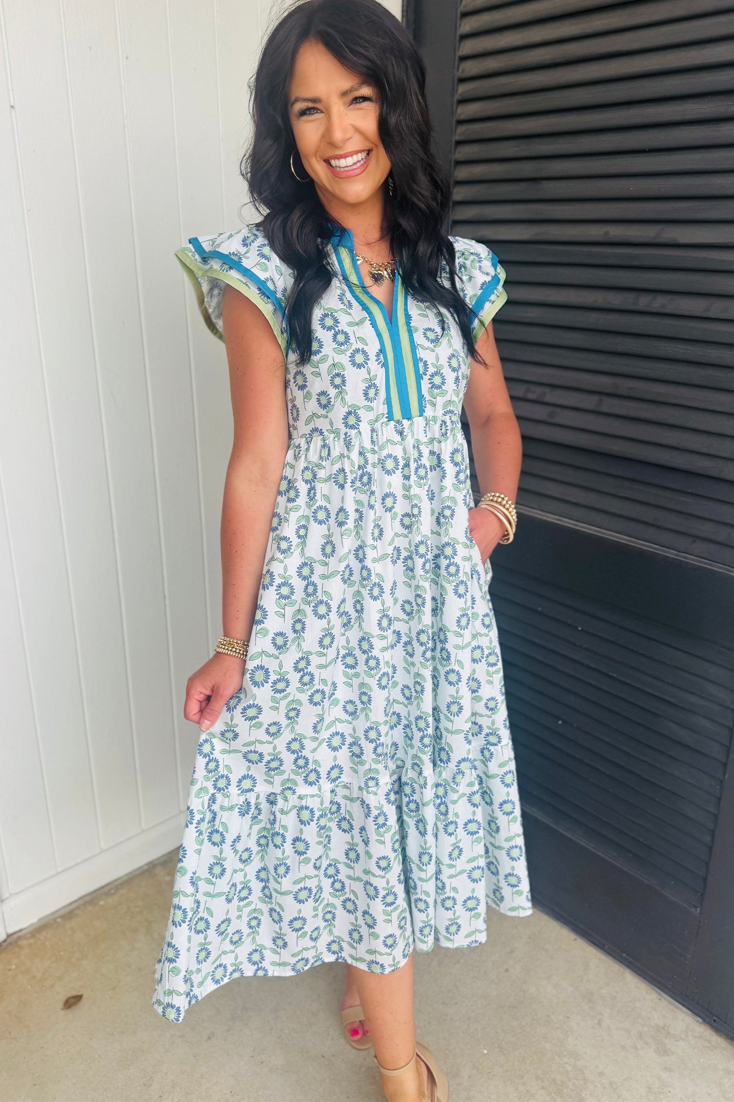 Sunflower Print Striped Patchwork Trim Flutter Sleeve Long Dress