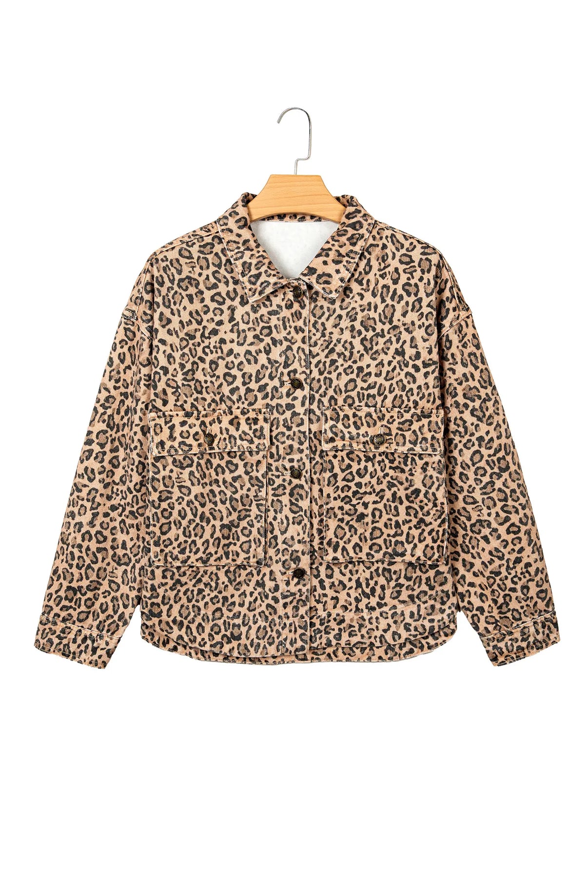 Leopard Print Collar Long Sleeve Patch Pocket Shift Denim Jacket – Khaki