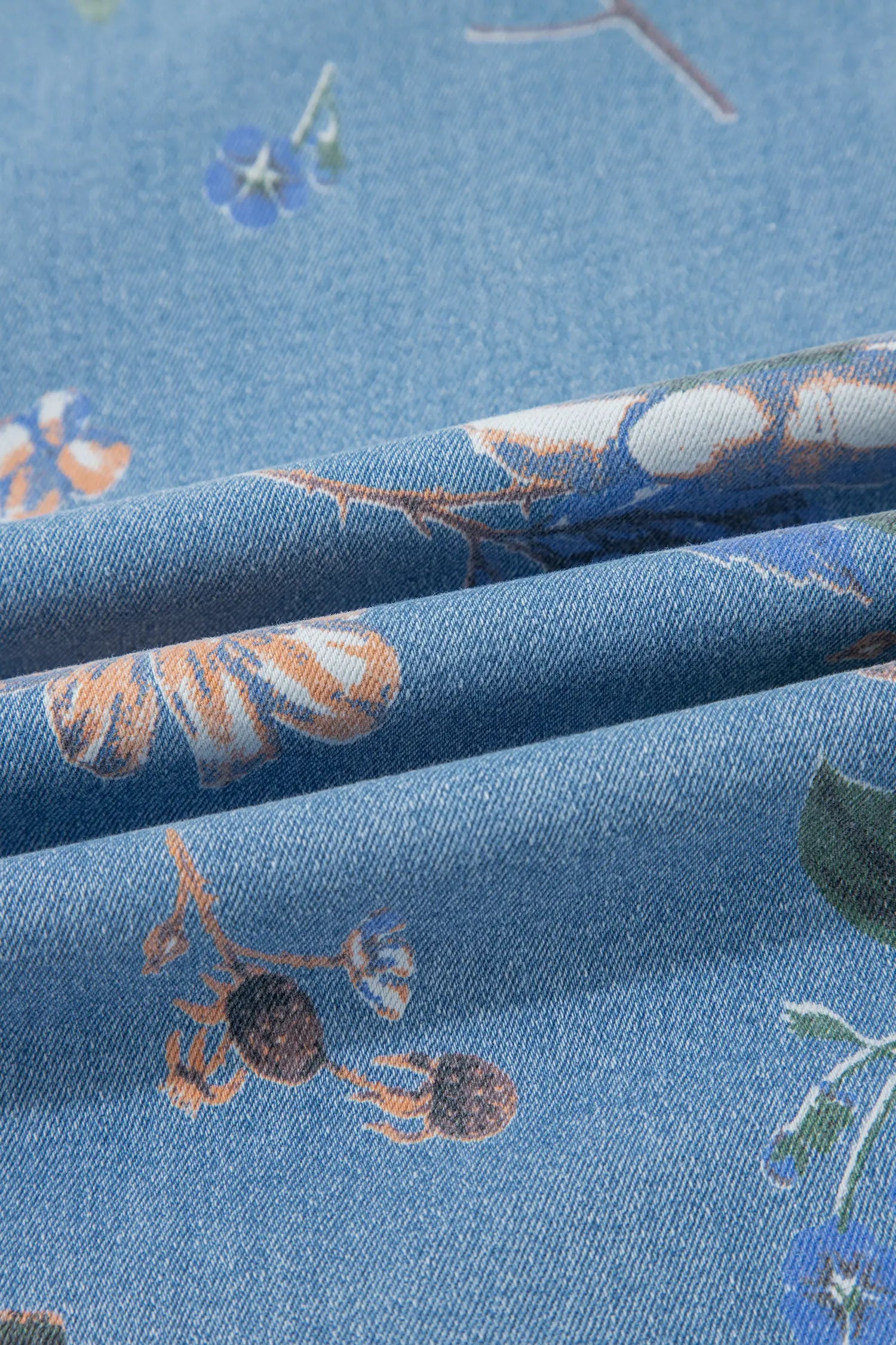 Sky Blue Retro Floral Print Frayed Hem Shift Jeans