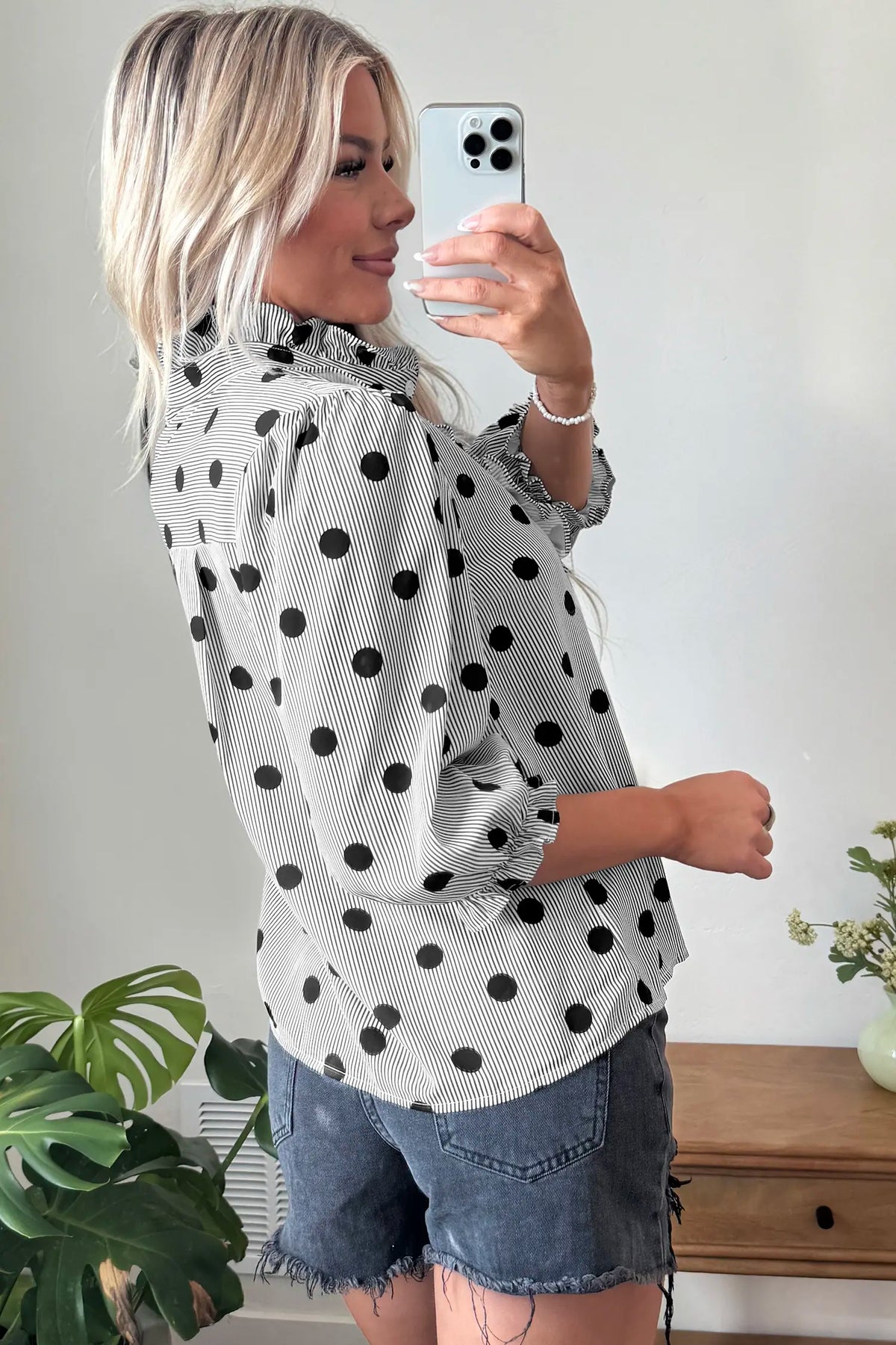 Polka Dot Striped Print Ruffle Stand Neck 3/4 Sleeve Shift Shirt – Black White