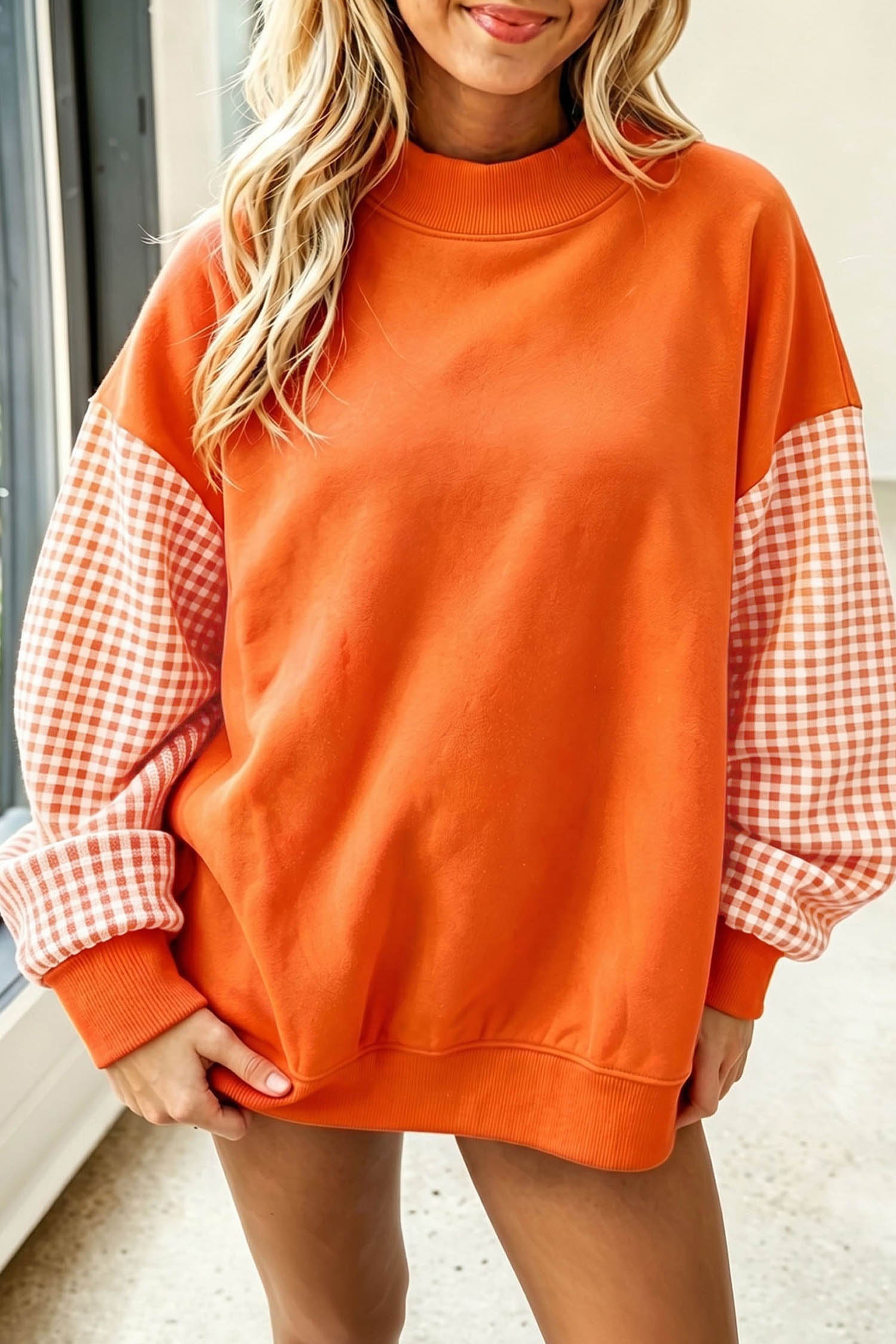 Plaid Sleeve Colorblock Loose Tunic Sweatshirt – Fiery Red
