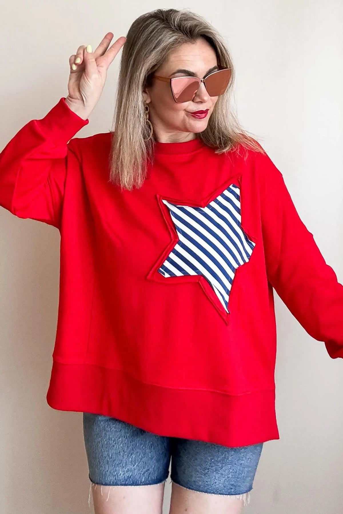 Patch Embroidery Star Colourblock Plus Size Sweatshirt – Fiery Red
