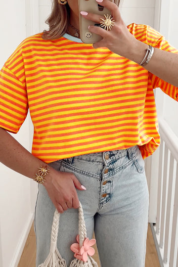 Stripe Contrast Crew Neck Drop Shoulder Loose Tee