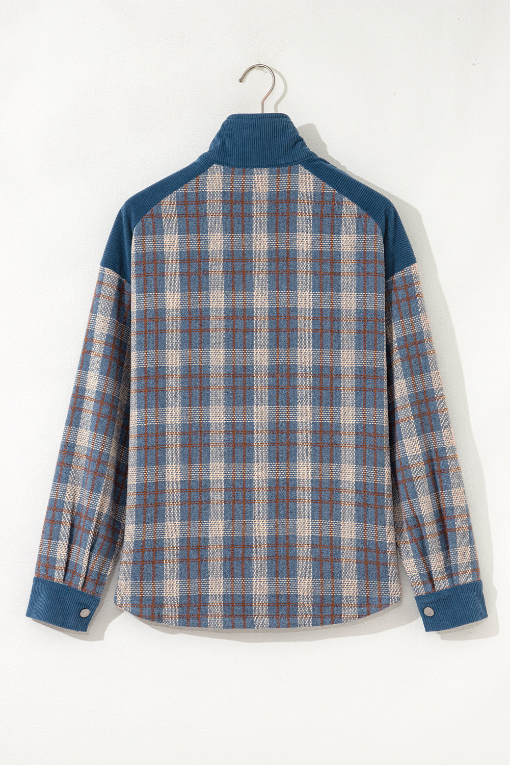 Plaid Soft Corduroy Patchwork Collared Zip-Up Snap Button Jacket - eAura