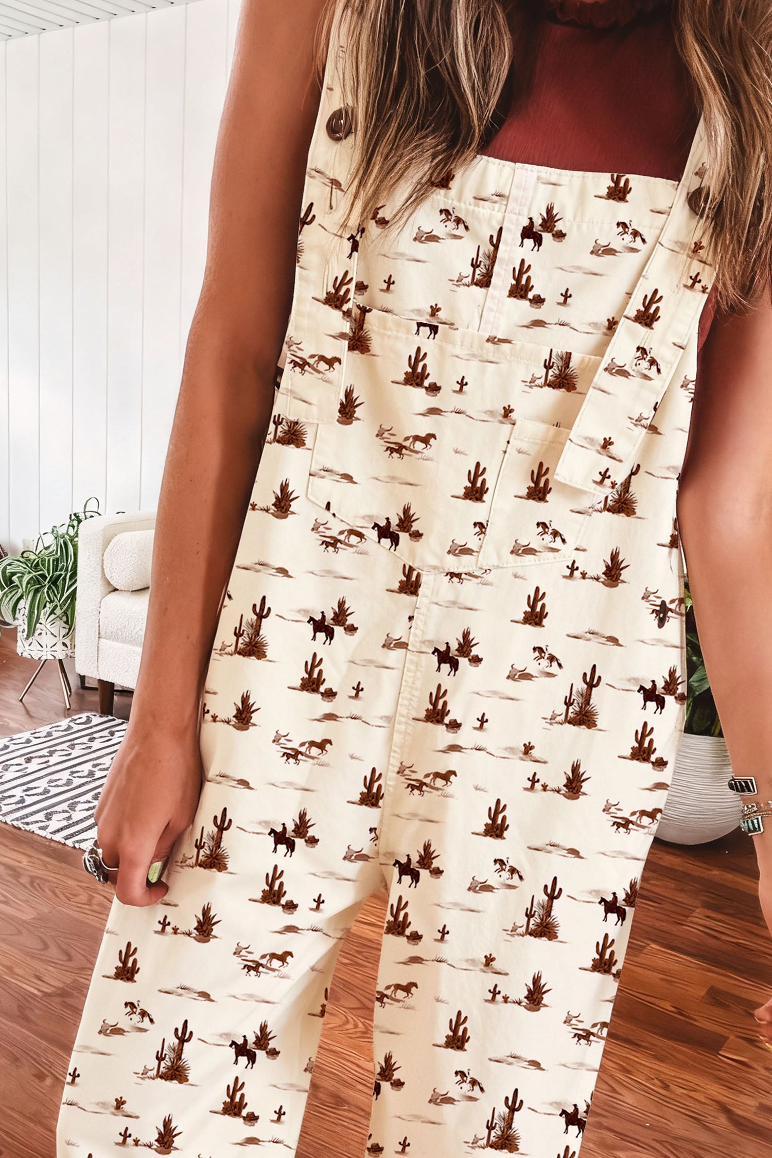 Western Printed Button Adjustable Straps Loose Jumpsuit Dungarees