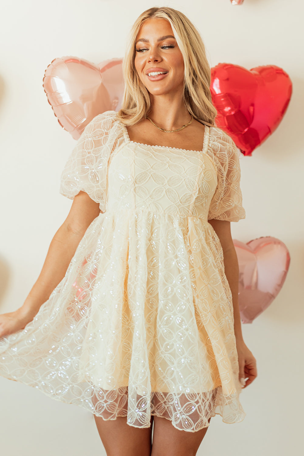 Apricot Sequined Lace Mesh Bubble Sleeve Square Neck Dress eAura