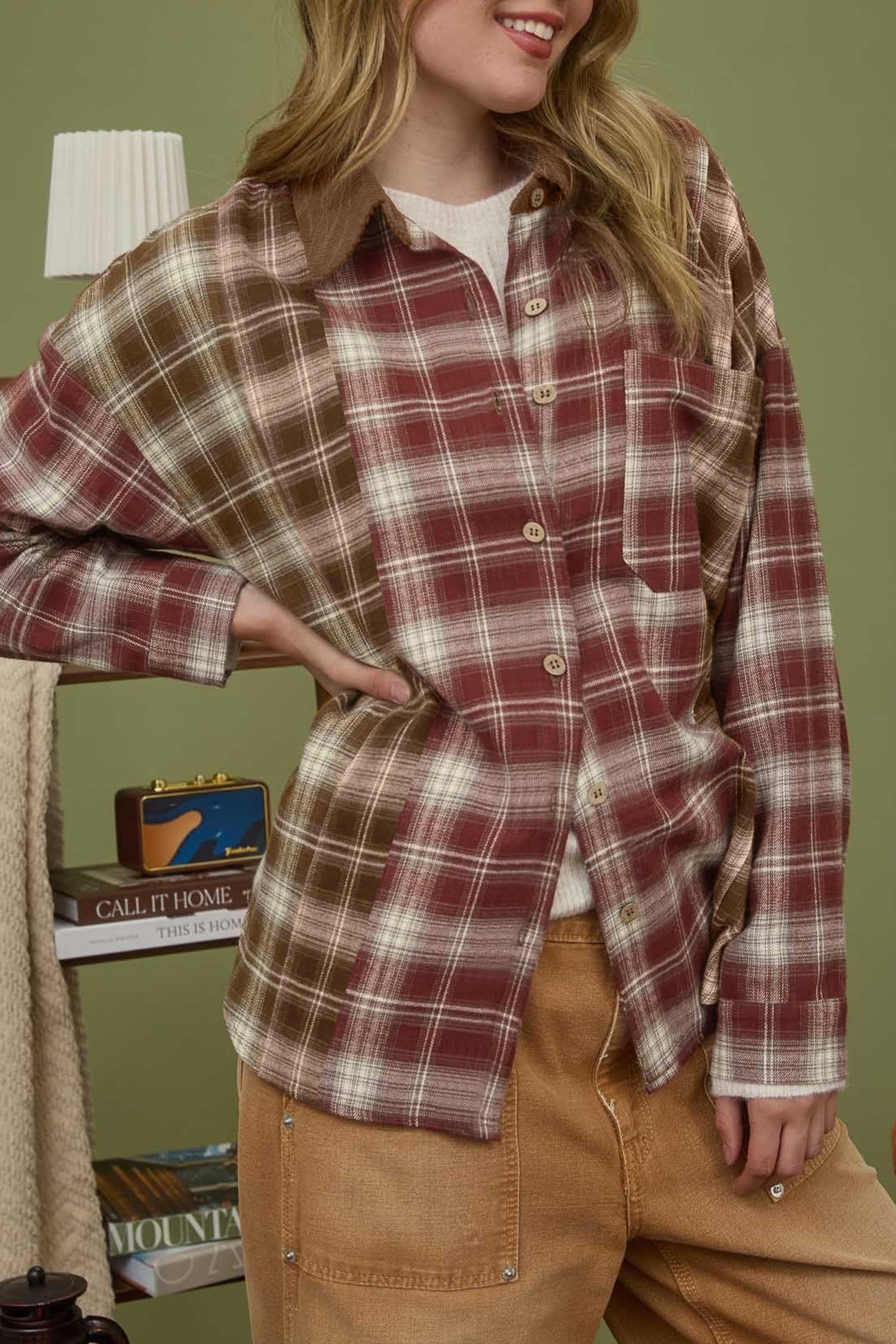 Contrast Plaid Long Sleeve Button Down Shirt – Red