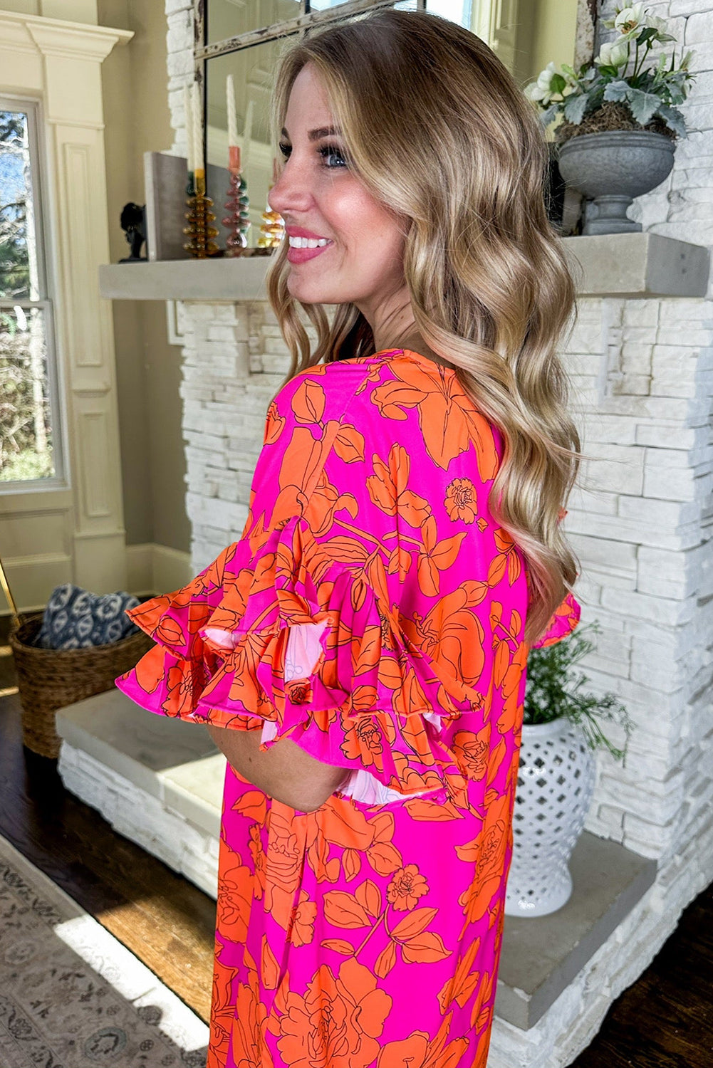Pink Voluminous Ruffled Sleeve Floral Dress eAura