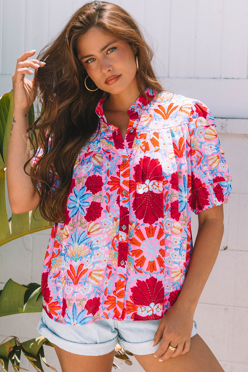 Pink Floral Print Bubble Sleeve Button Up Pleated Shirt BB Fashion Outlet