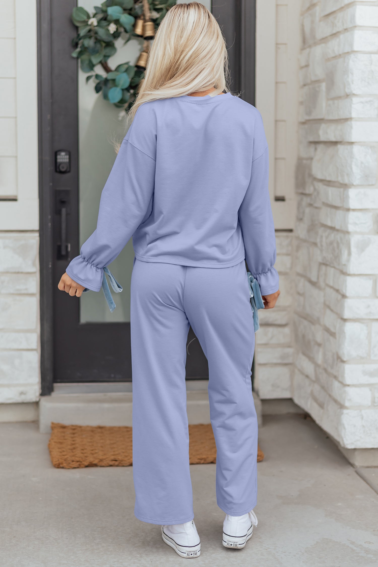 Beau Flounce Long Sleeve Top Drawstring Pants Contrast Velvet Bow Knot 2pcs Lounge Set – Blue