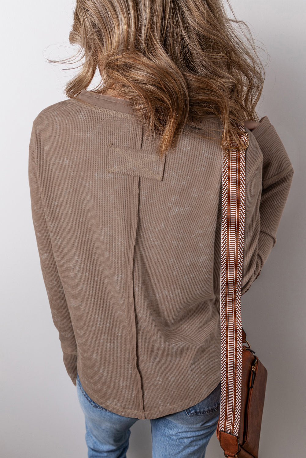 Smoke Green Acid Wash Waffle Knit Buttoned Neckline Long Sleeve Top Beagle Boutique Fashion Outlet