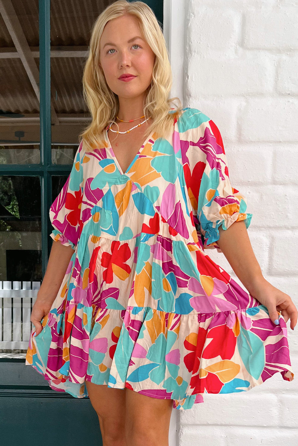 Rose Red Floral Bubble Sleeve V Neck Tiered Ruffle Babydoll Dress eAura