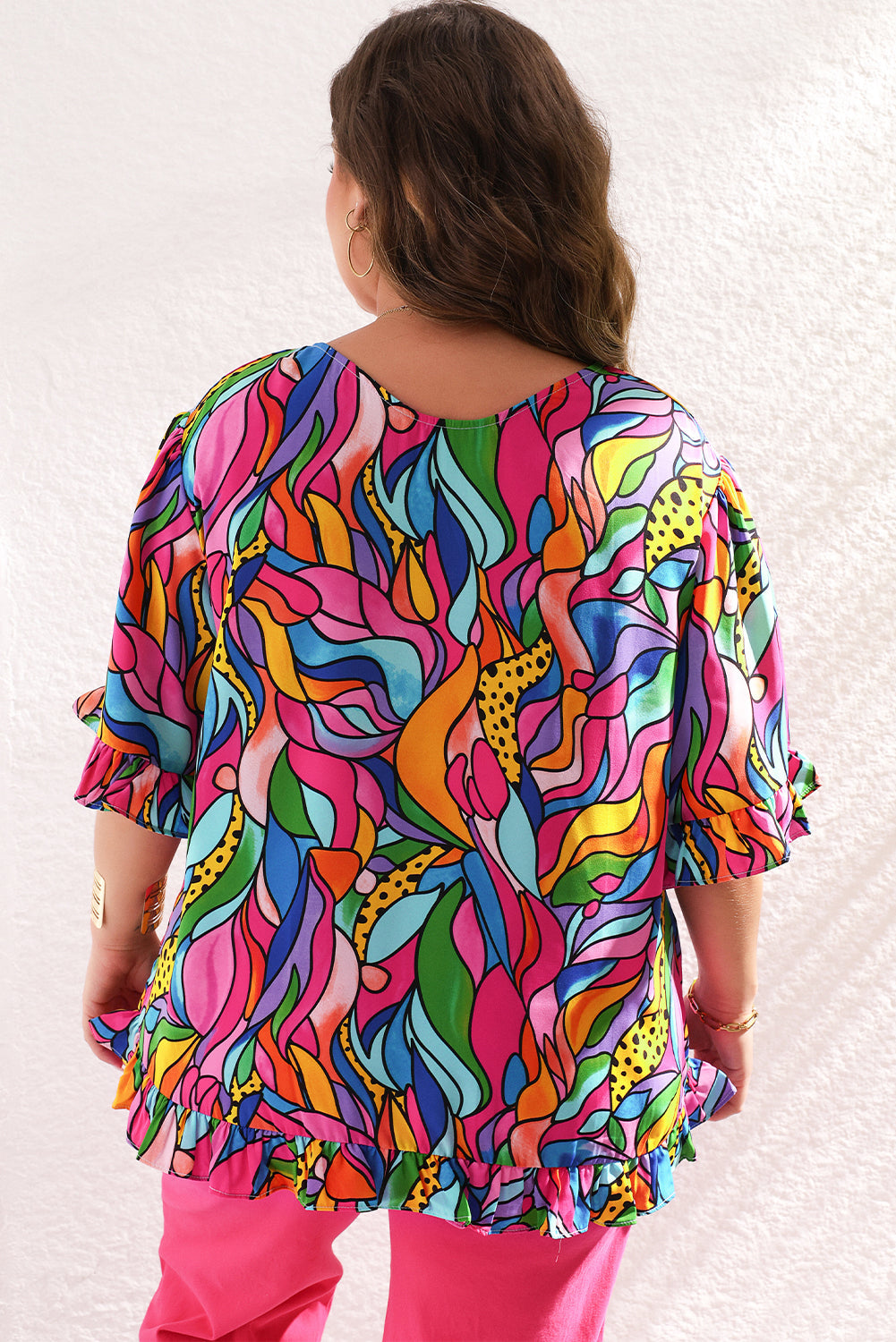 Rose Abstract Print Plus Size Frilly Trim Blouse BB Fashion Outlet