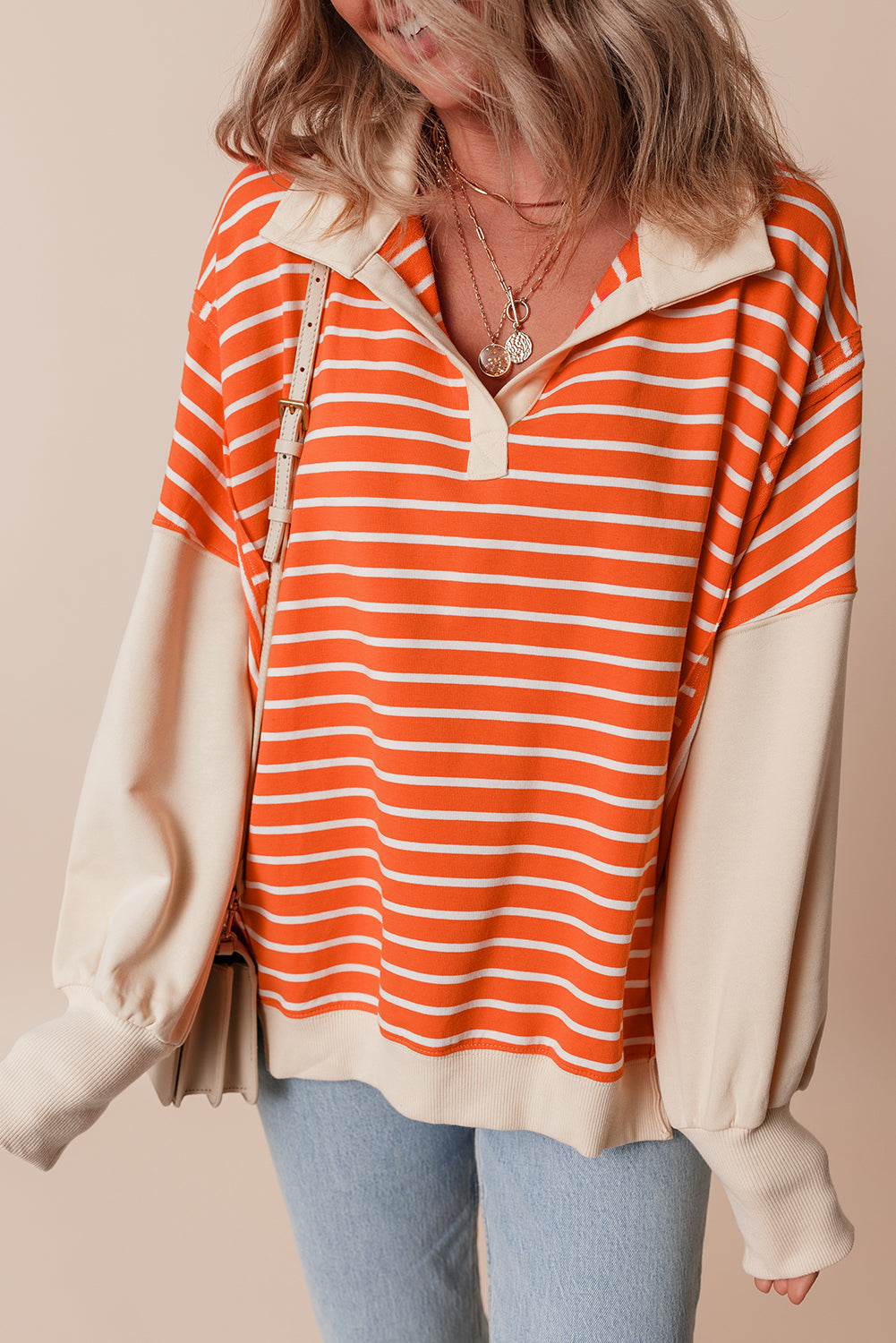Orange Stripe Colour Block Loose Fit Collared Drop Shoulder Sweatshirt eAura