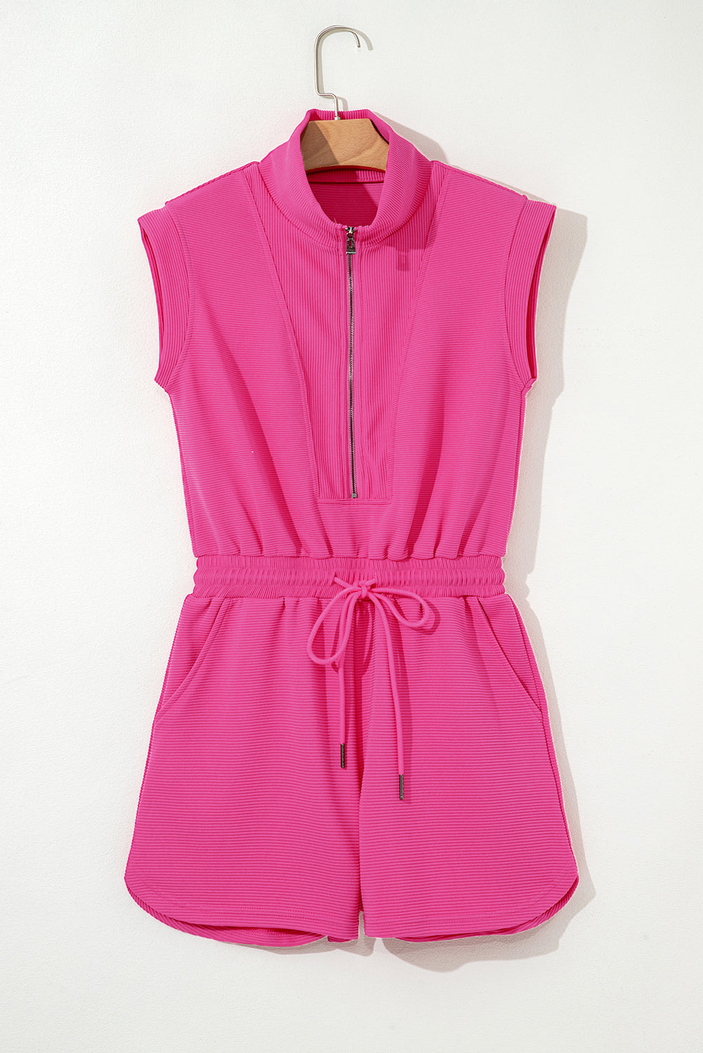 Rose Red Textured Short Sleeve Half Zip Drawstring Waist Romper eAura