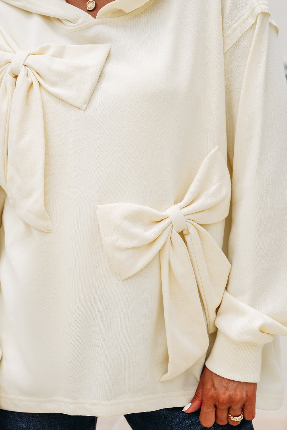 White Cute Bow Detail Baggy Hoodie eAura