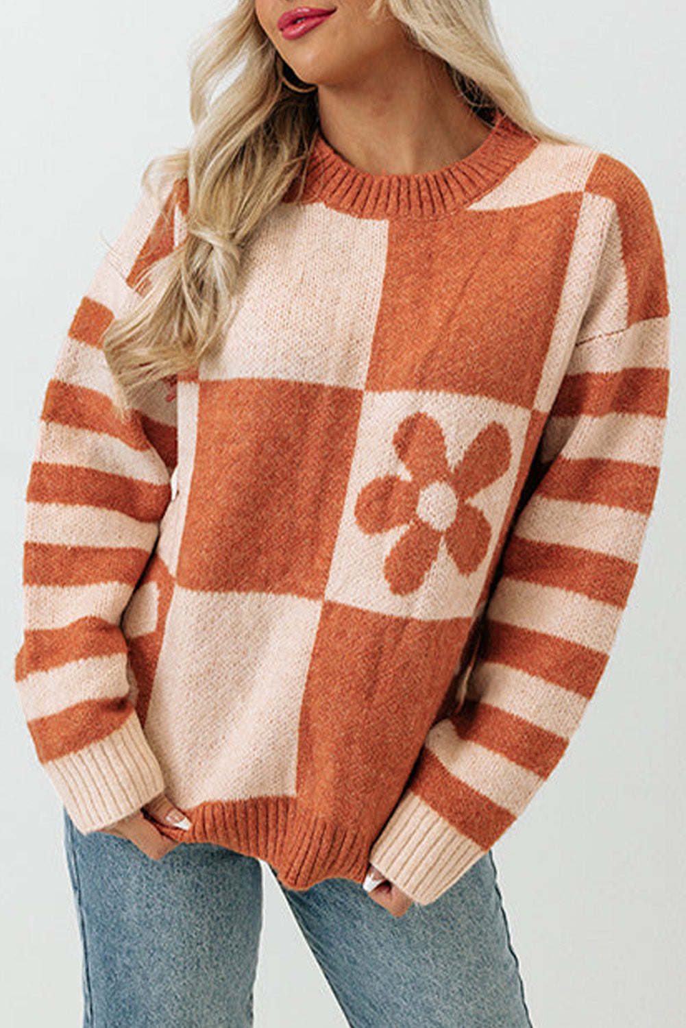 Brown Checkered Floral Print Striped Sleeve Sweater eAura