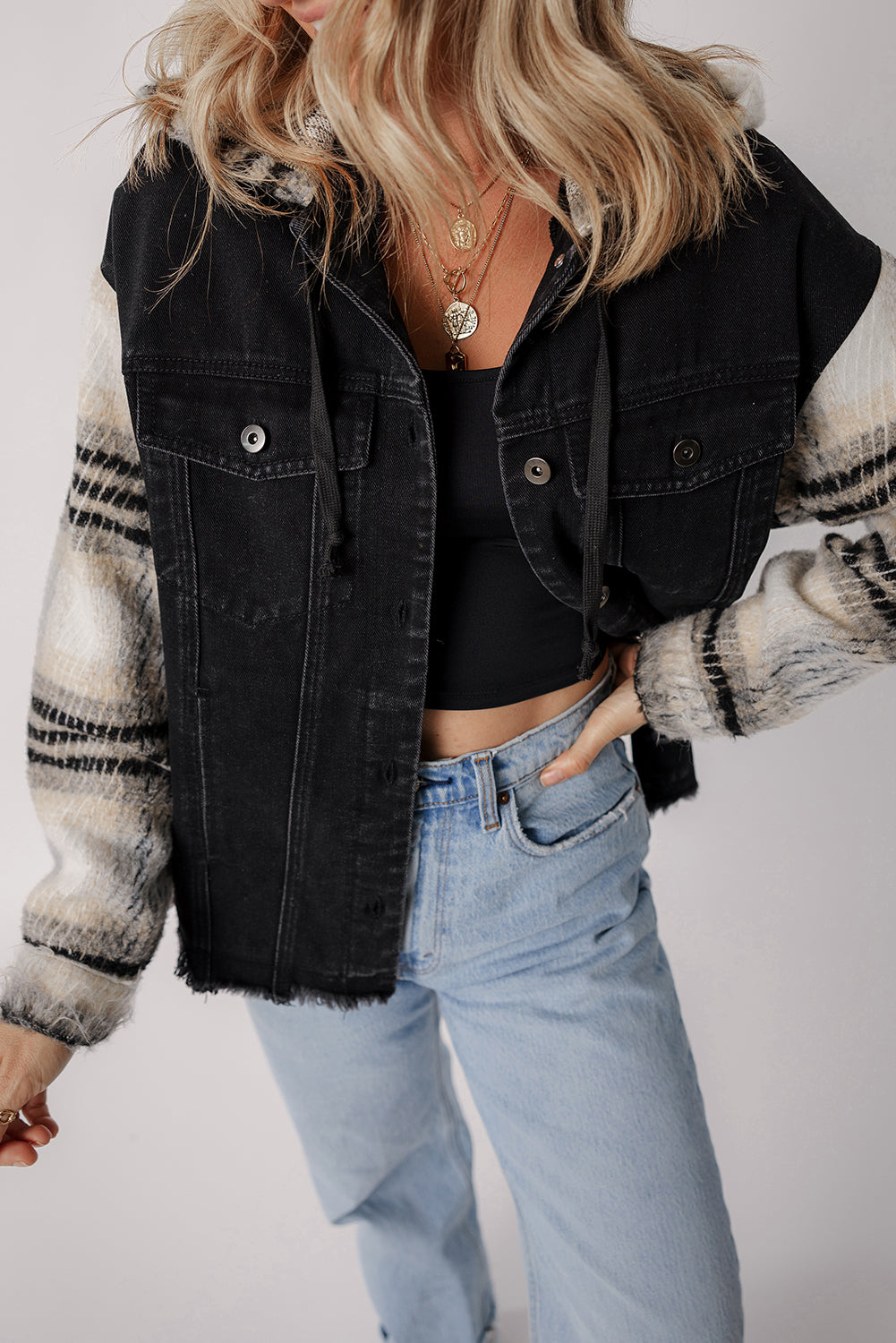 Black Plaid Sleeve Frayed Hem Hooded Denim Jacket Beagle Boutique Fashion Outlet