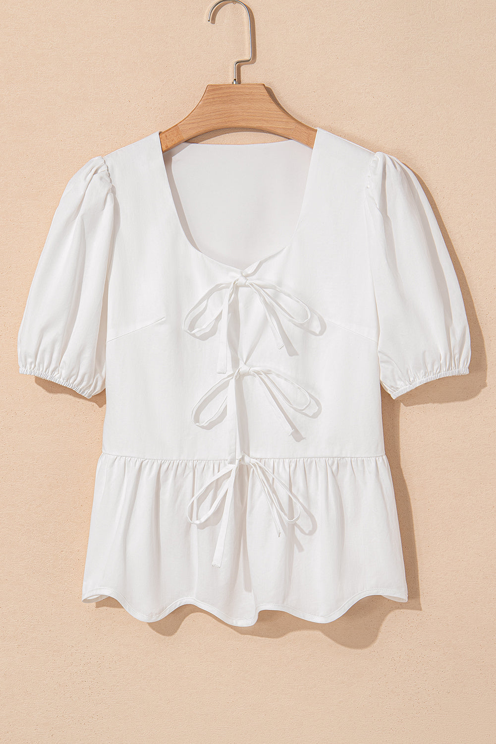 White Bow Knot Decor Square Neck Puff Sleeve Peplum Top eAura
