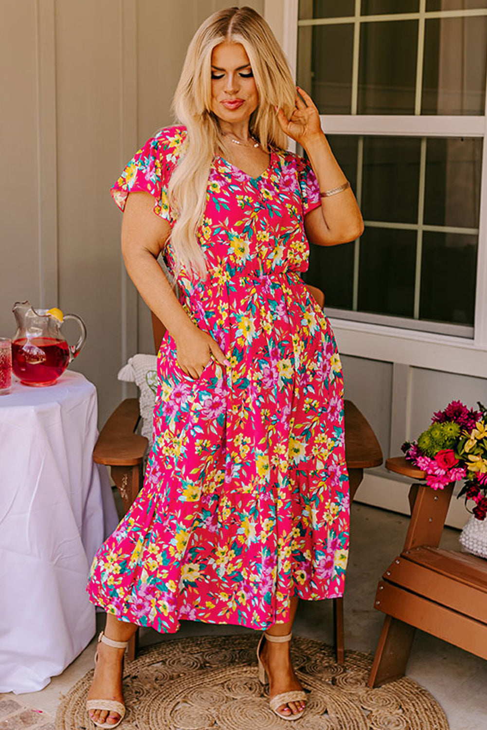 Pink Floral Print V Neck Pocketed High Waist Plus Size Midi Dress BB Fashion Outlet