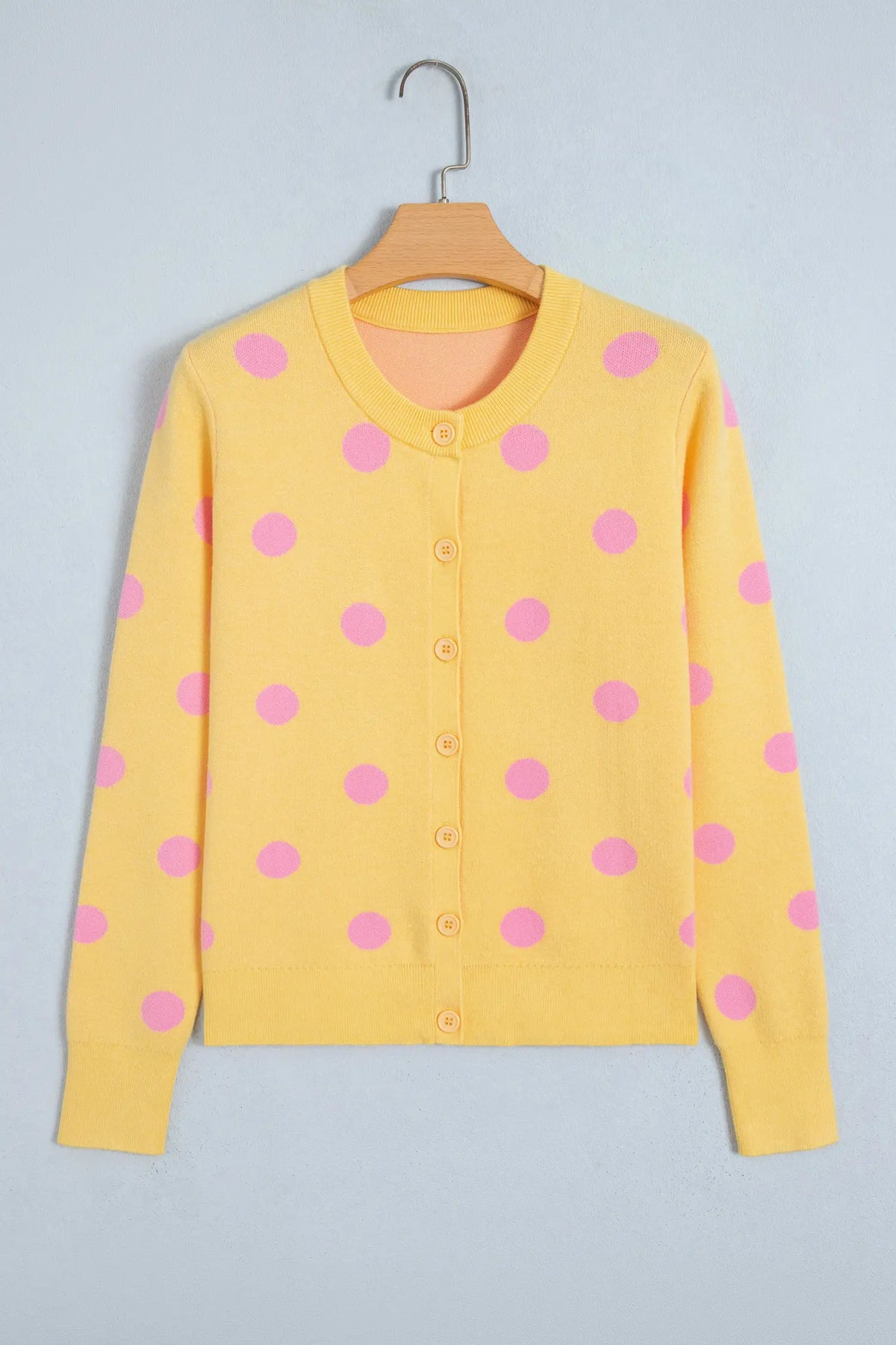 Casual Polka Dot Button Front Long Sleeve Sweater Cardigan – Yellow