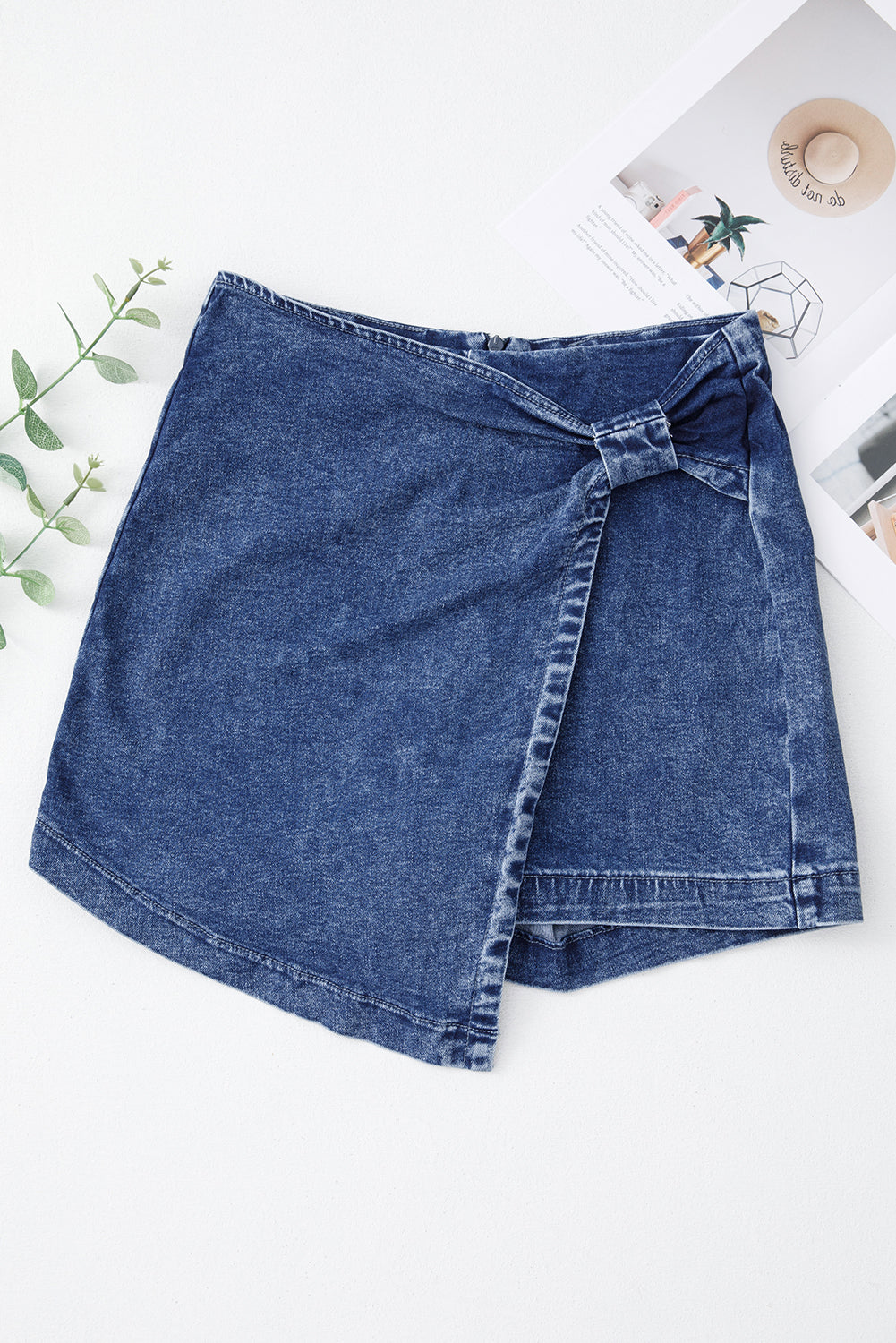 Sail Blue Acid Wash Asymmetric Twisted Wrapped Zipped Denim Skort eAura