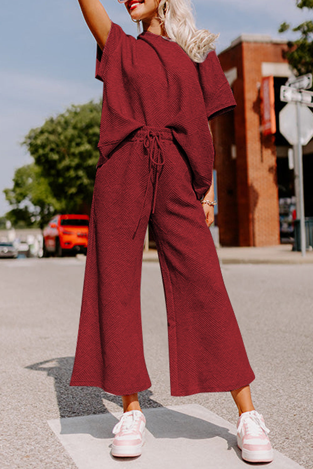 Textured Loose Fit T Shirt and Drawstring Trousers Co-ord Set eAura