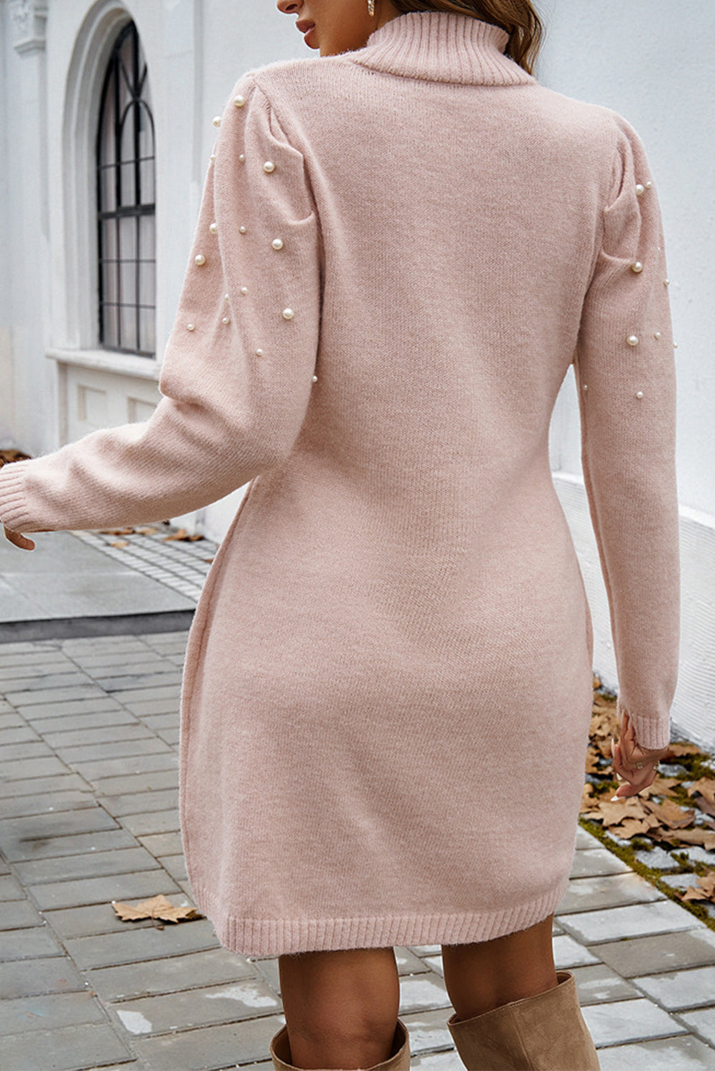 Parchment Pearl Beaded High Neck Bodycon Sweater Dress eAura