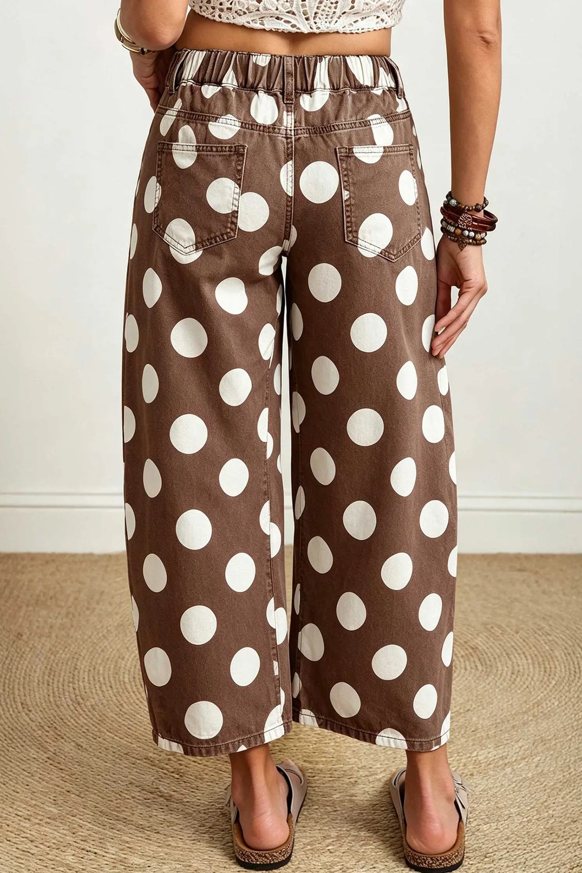 Brown Polka Dot Ankle-Length Barrel Jeans