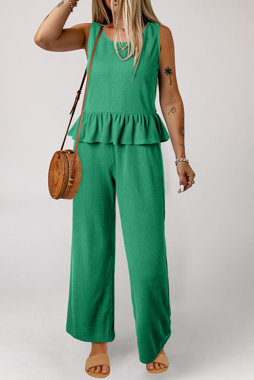 Green Solid Colour Ribbed Ruffle Tank Top and Trousers Set eAura