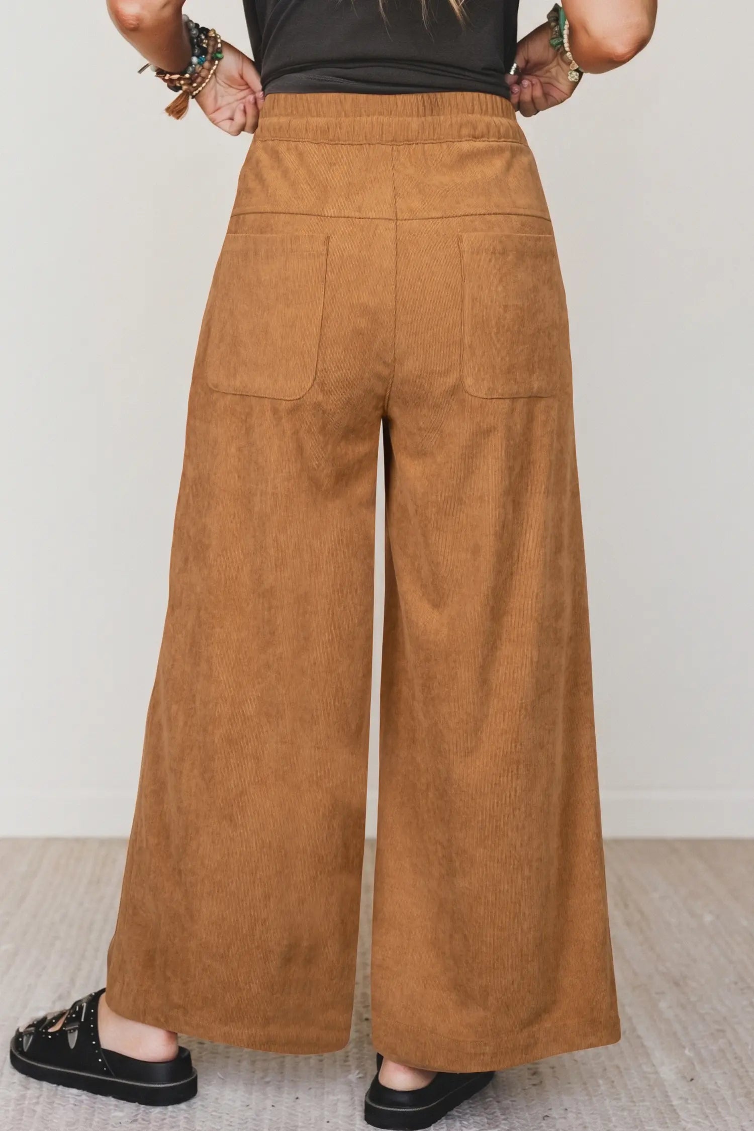 Thai Curry Elastic Waist Wooden Button Placket Ankle Length Wide Leg Pants