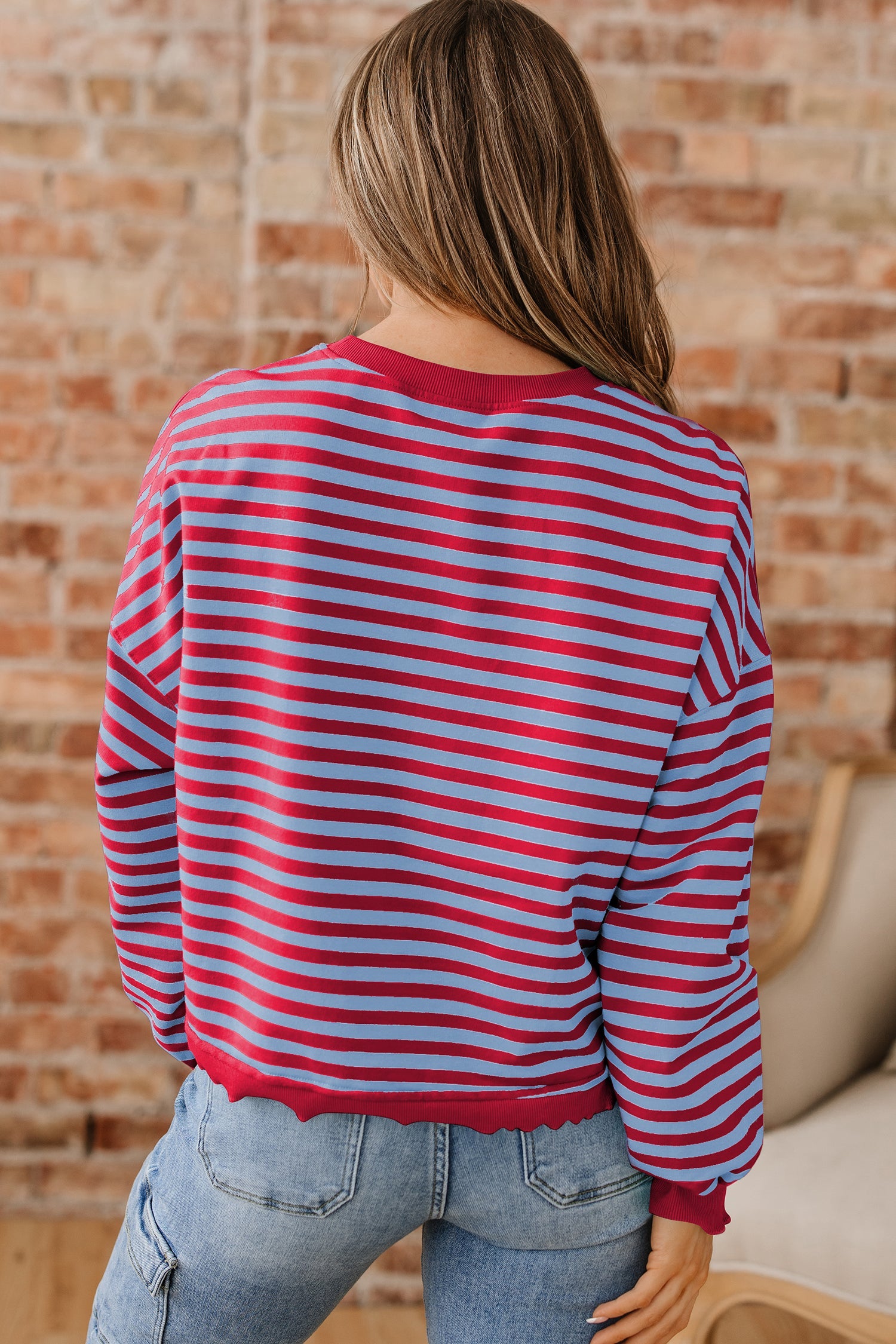 Striped Exposed Seam Contrast Ribbed Trim Boxy Sweatshirt - Tops/Sweatshirts & Hoodies