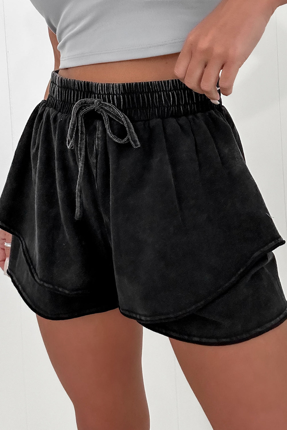 Black Mineral Wash French Terry High Waist Casual Shorts eAura