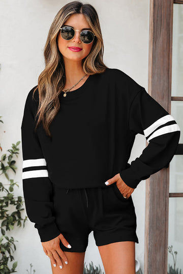 Varsity Striped Sleeve Drop Shoulder Sweatshirt and Shorts Co-ord Set eAura