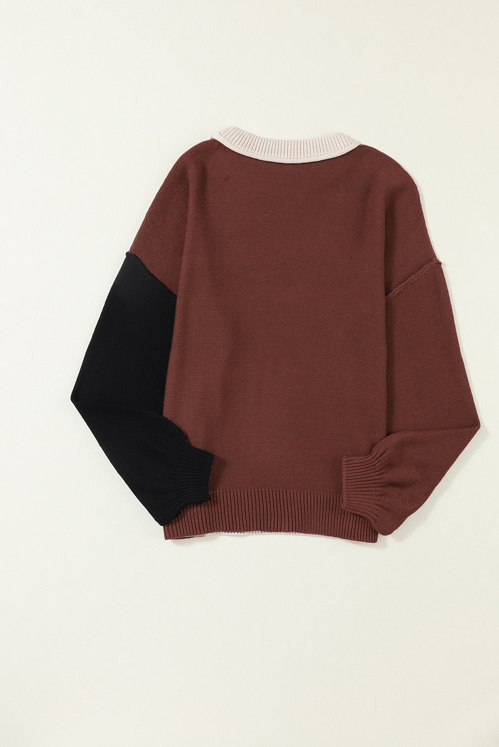 Pink Colourblock Bishop Sleeve Ribbed Trim Sweater eAura