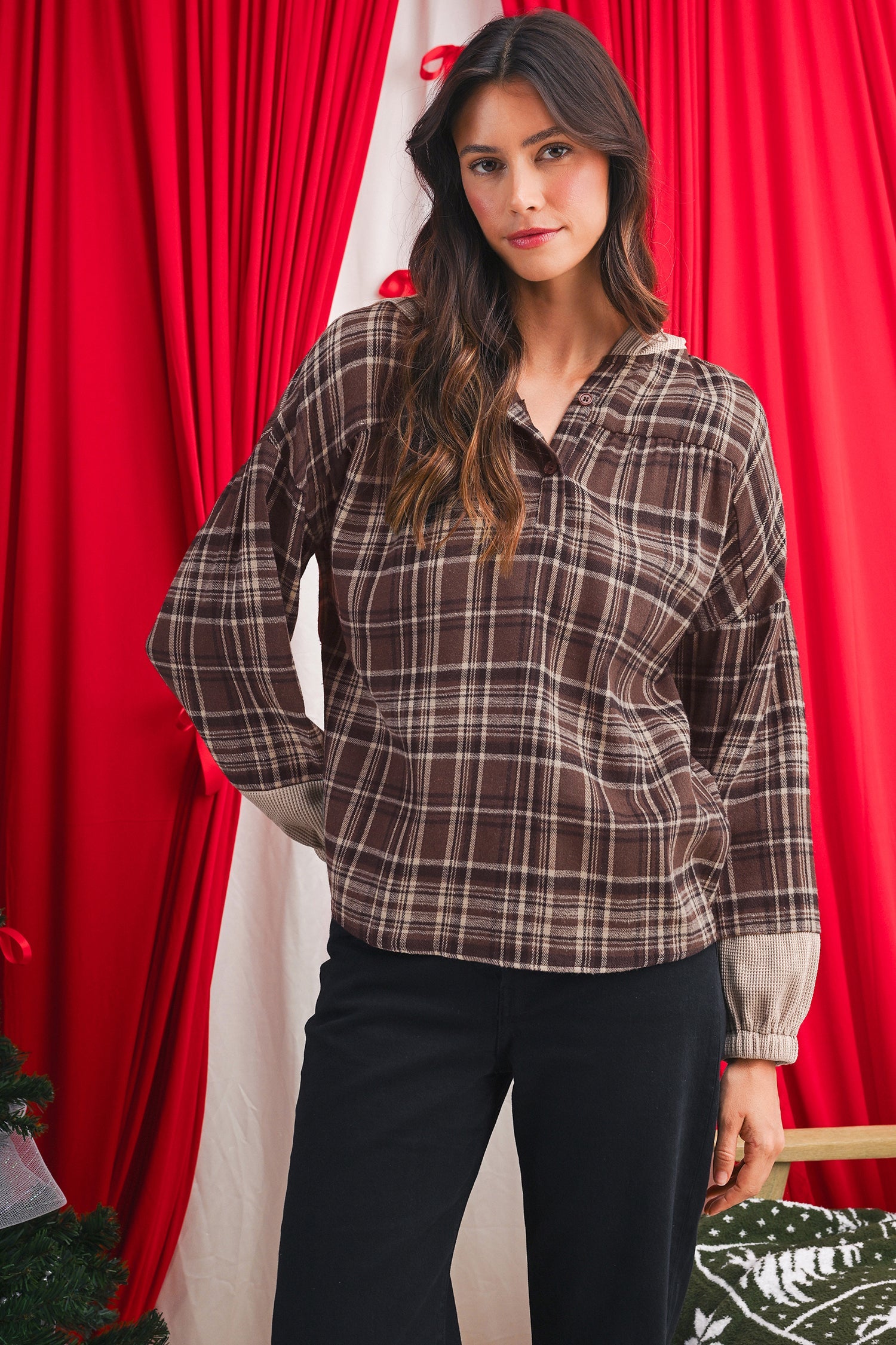 Plaid Long Sleeve Button Hoodie - eAura