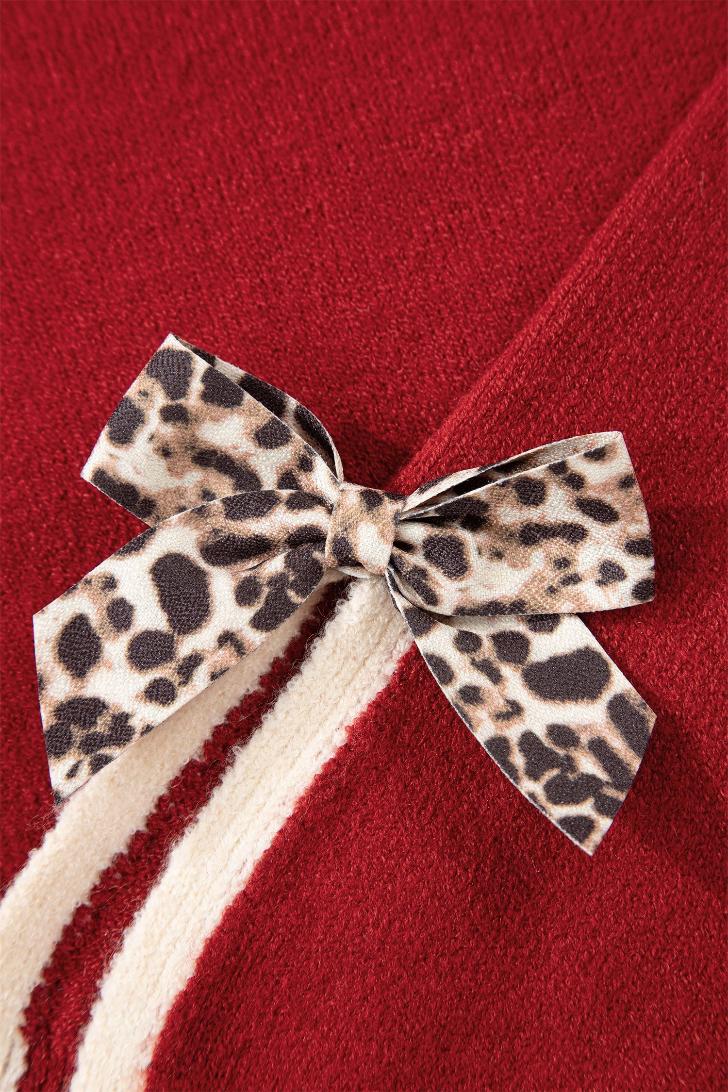 Leopard Bow Decor Split Cuff Contrast Trim Sweater - eAura