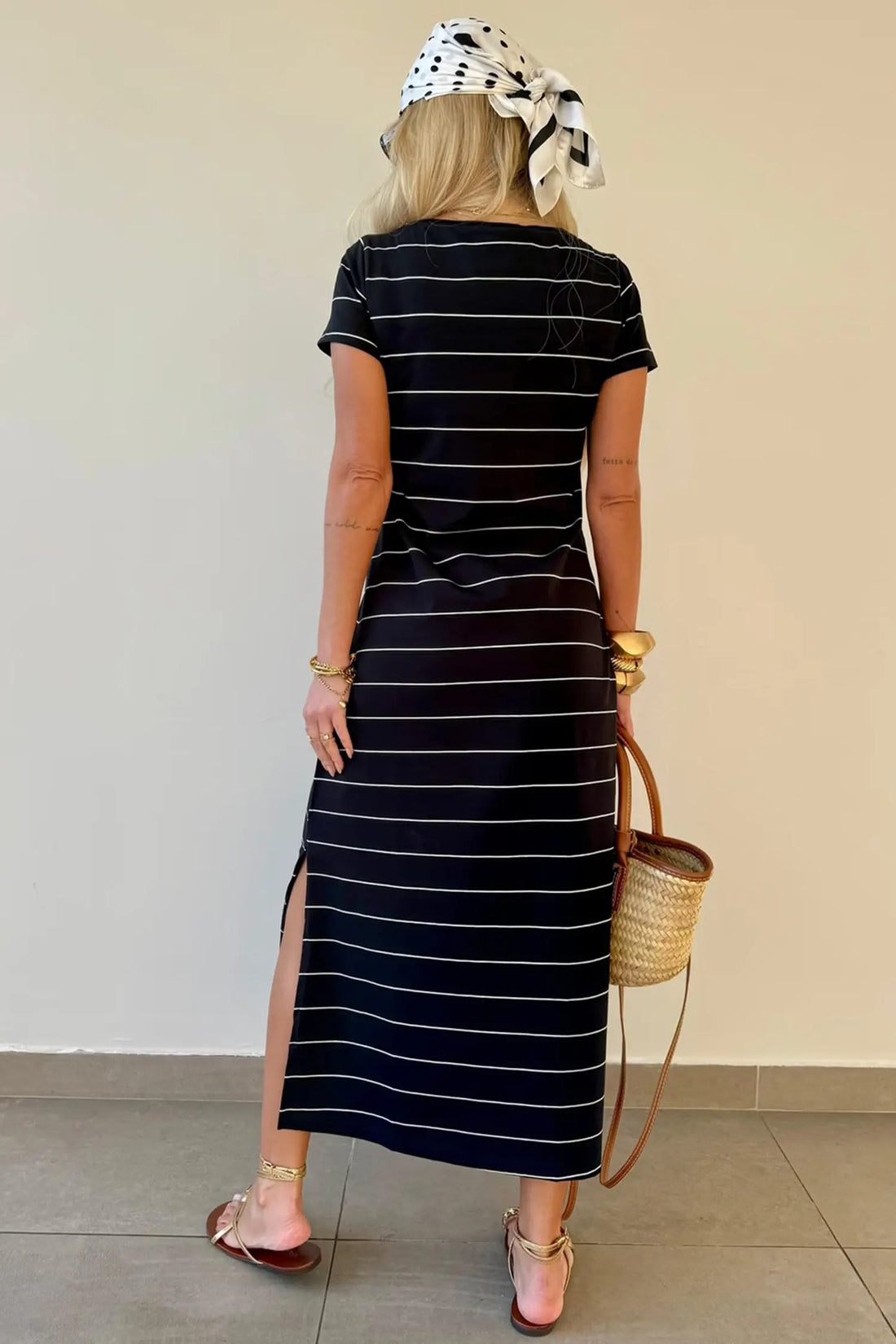 Stripe Side Slit Maxi T-Shirt Dress – Short Sleeve