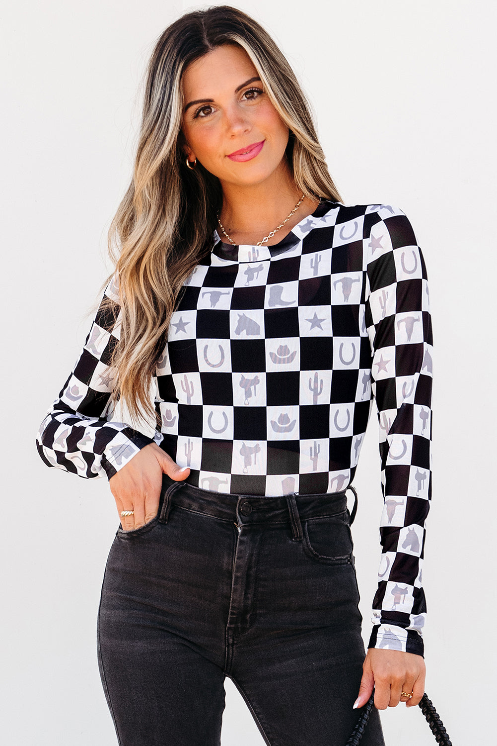 Black Checkerboard Western Elements Printed Mesh Long Sleeve Top eAura