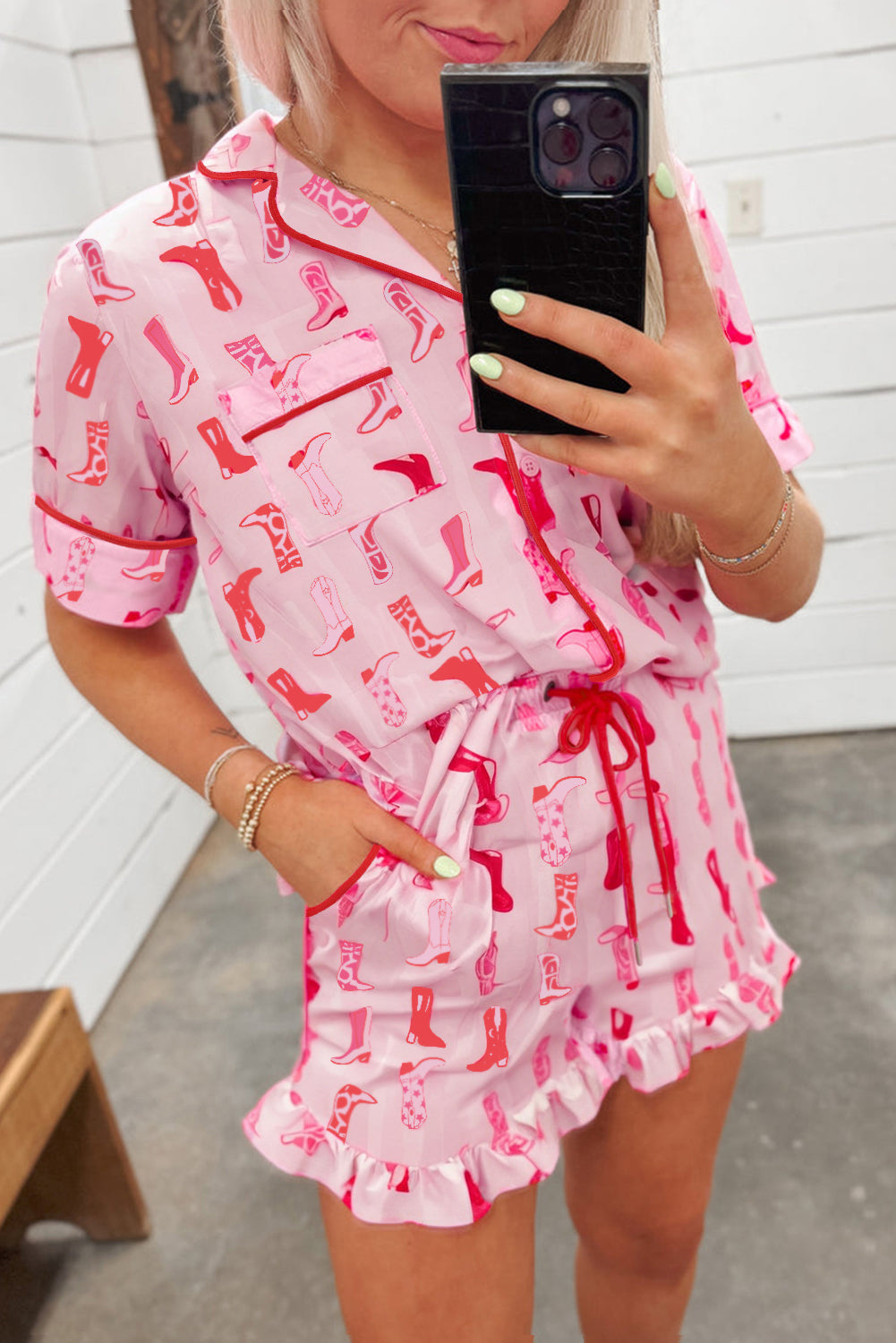 Pink Western Cowgirl Boots Printed Shirt Ruffled Shorts Pyjama Set eAura