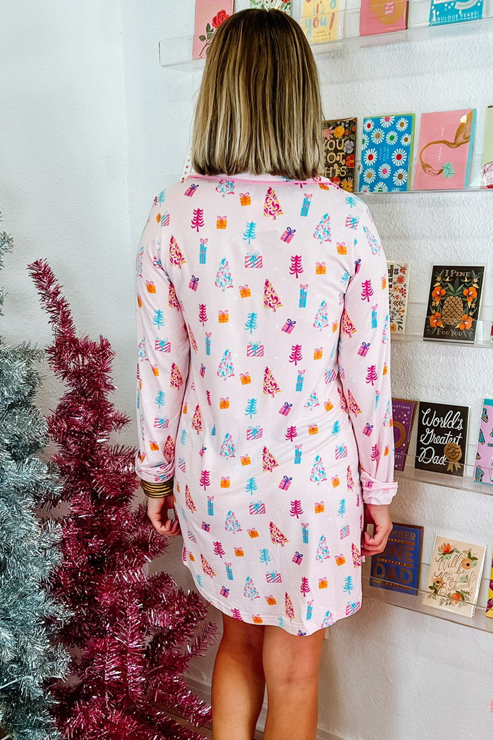 Pink Christmas Twinkle Tree Print Shirt Nightie Sleep Dress eAura