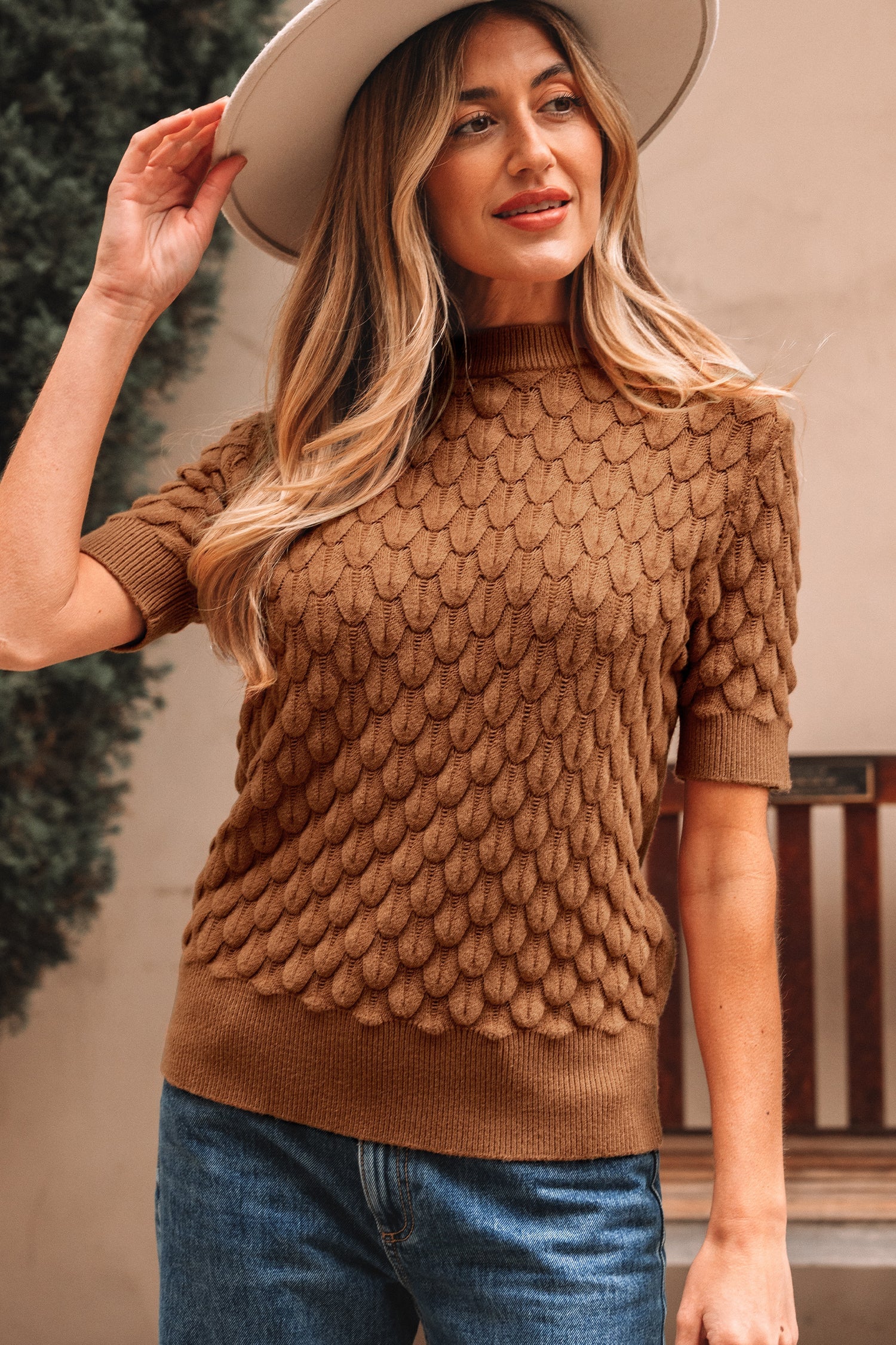 Fish Scale Textured Knit Ribbed High Neck Short Sleeve Sweater - eAura