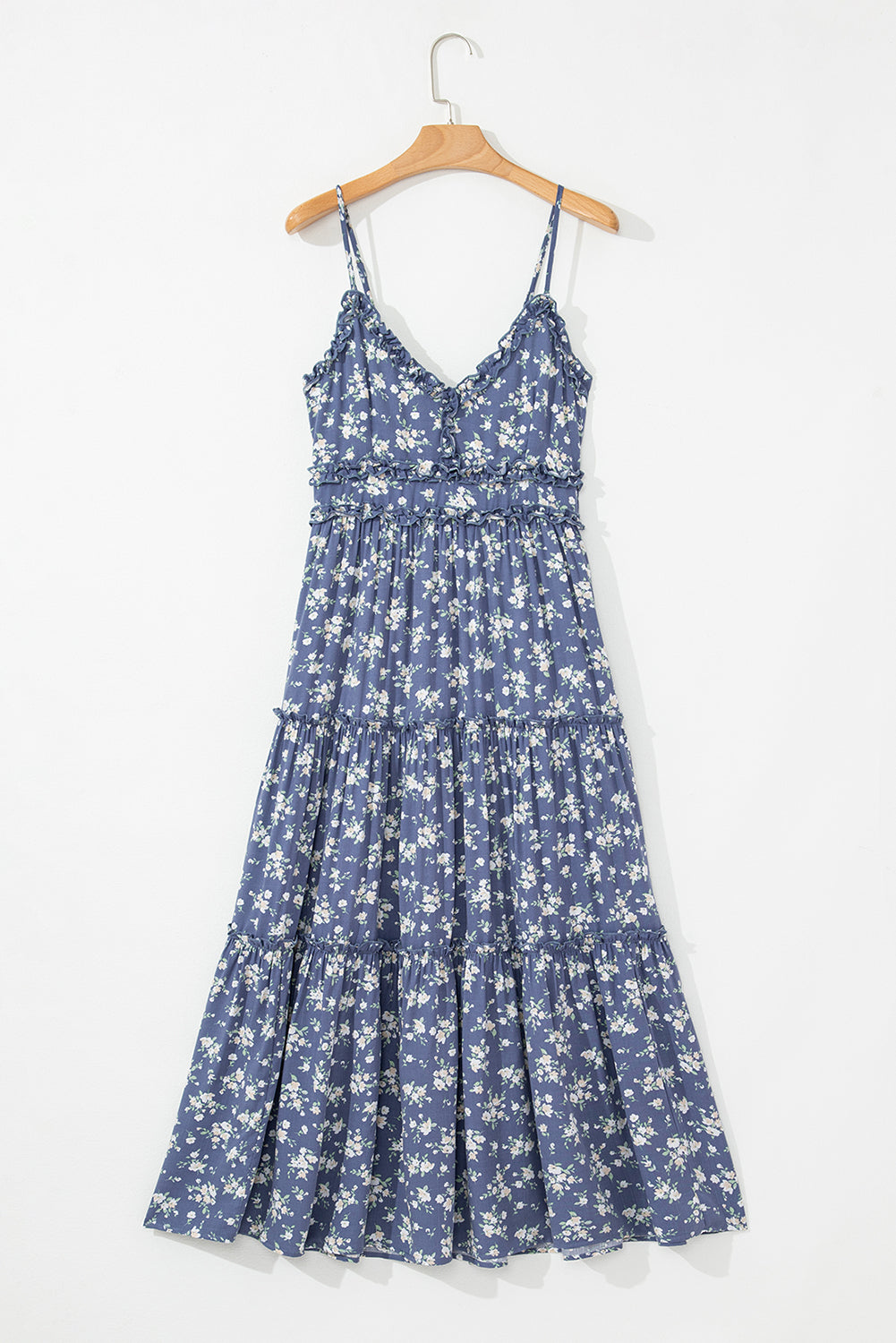 Blue Floral Spaghetti Strap Frilled V Neck Tiered Midi Dress eAura
