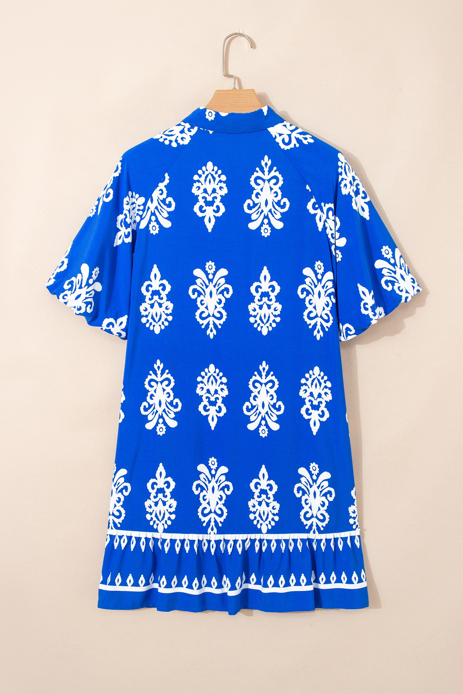 Blue Geometric Print Collared Button Front Short Puff Sleeve Mini Dress