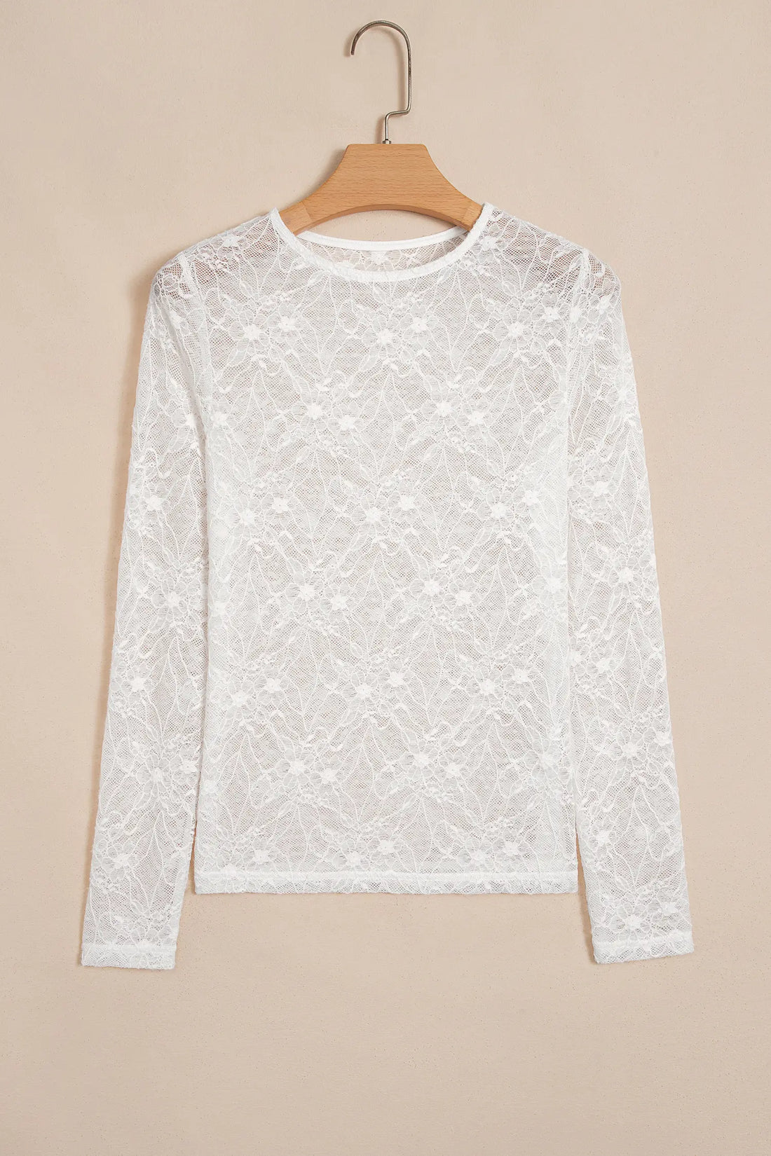 Long Sleeve Sheer Mesh Lace Top – Beige