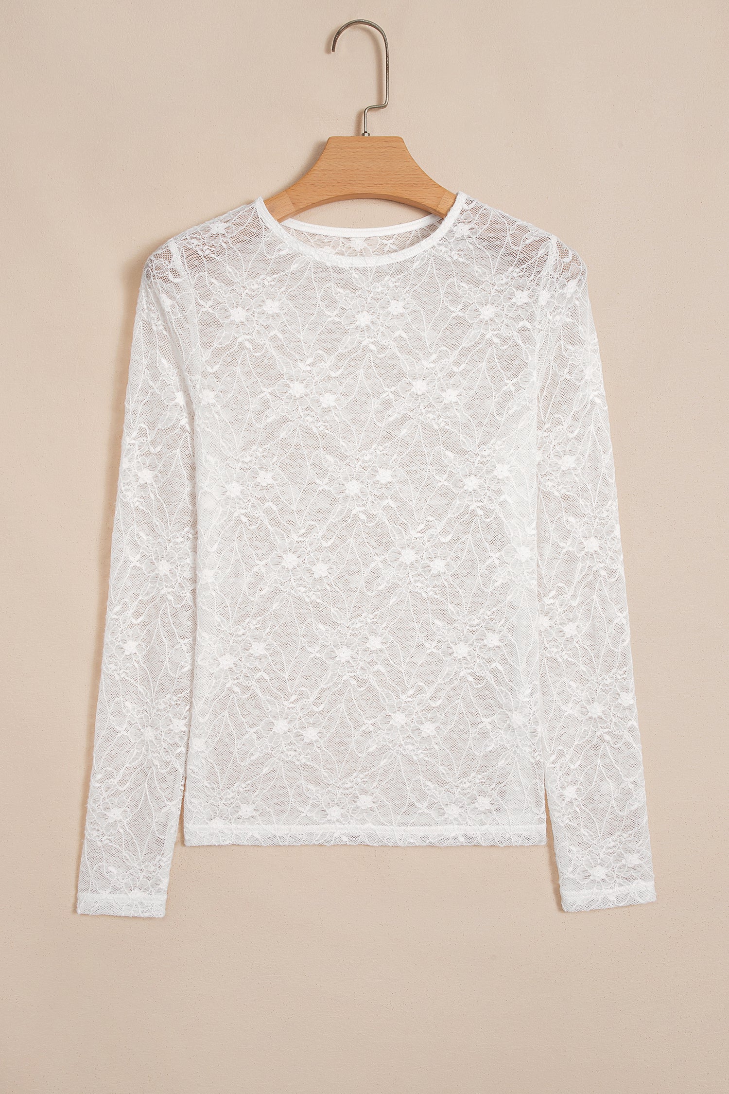 Long Sleeve Sheer Mesh Lace Top – Beige