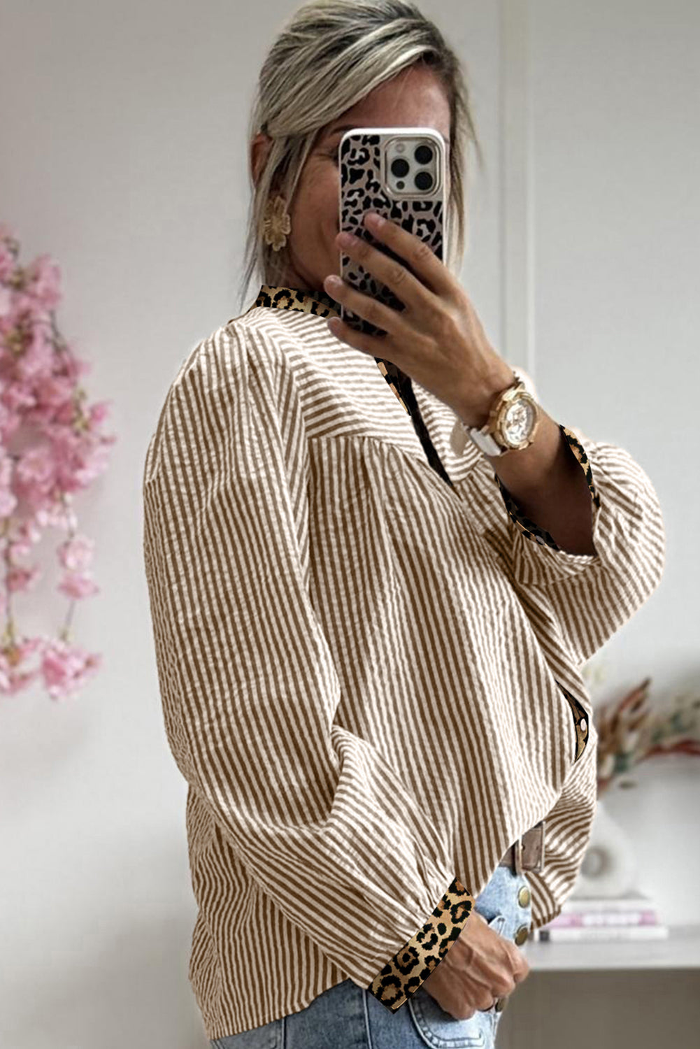 Stripe Leopard Patchwork Long Sleeve Shirt - Tops/Blouses & Shirts