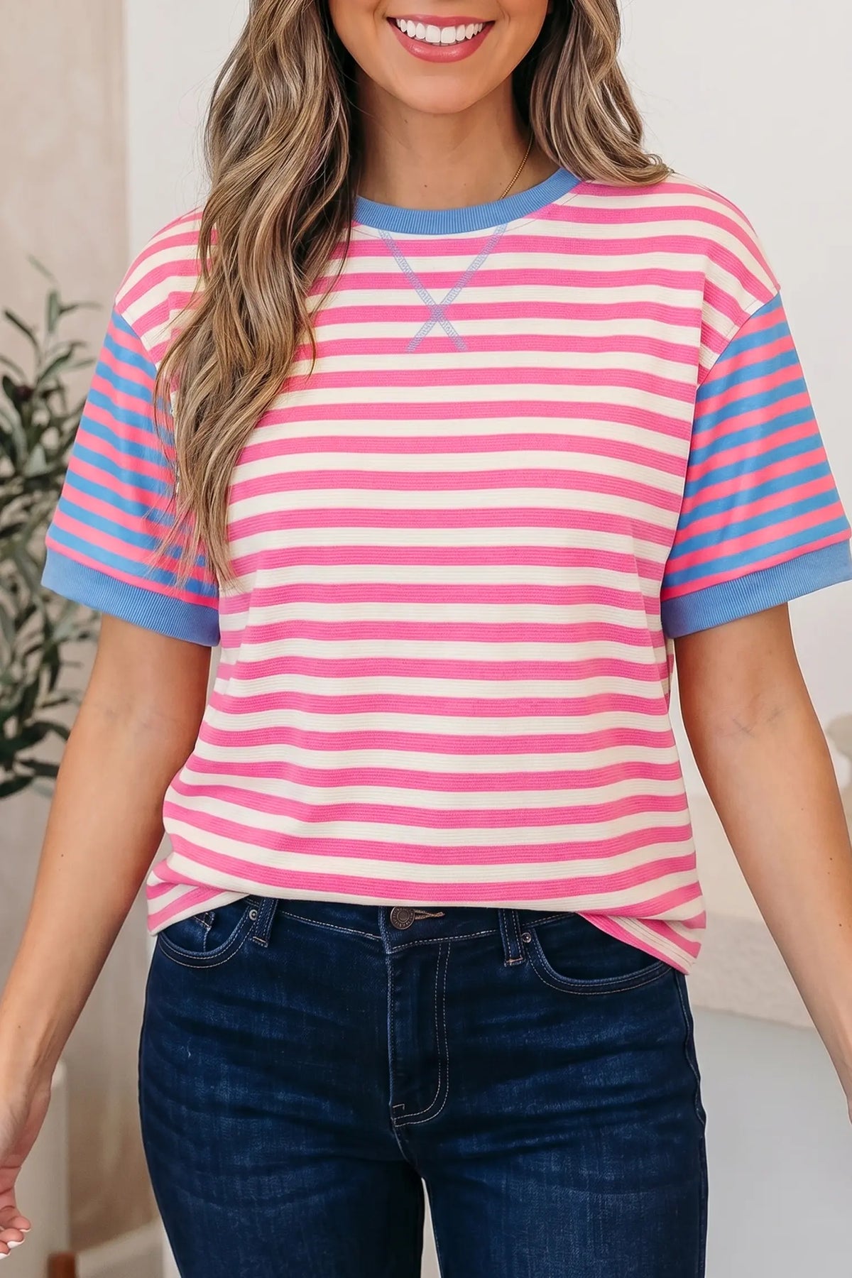 Contrast Patchwork Short Sleeve Loose Tee – Pink Stripe