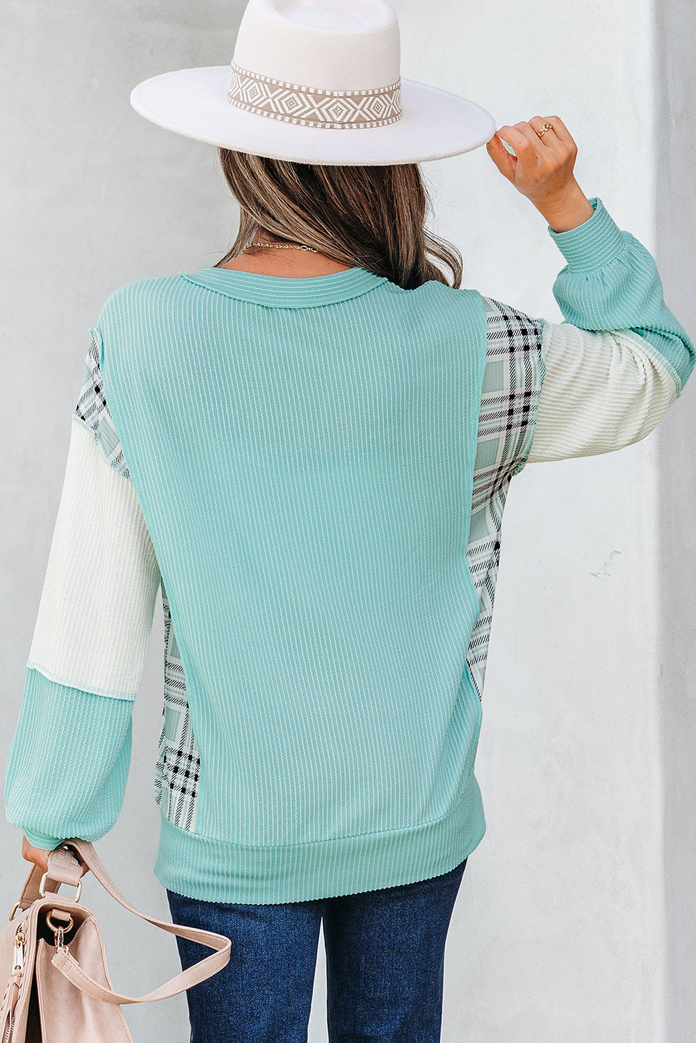 Soft Corded Texture Patchwork Split Neck Long Sleeve Top - eAura